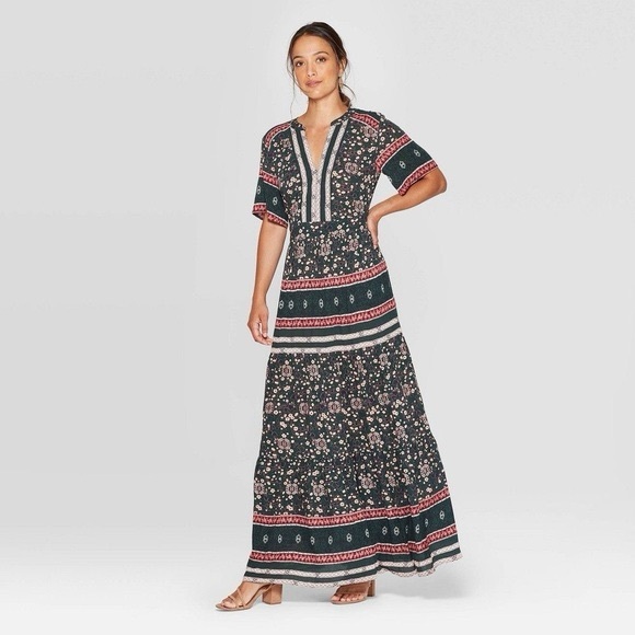 Knox Rose Dresses & Skirts - Knox Rose Dress Womens Medium Green Floral Maxi Short Sleeve V-Neck Smocked Boho